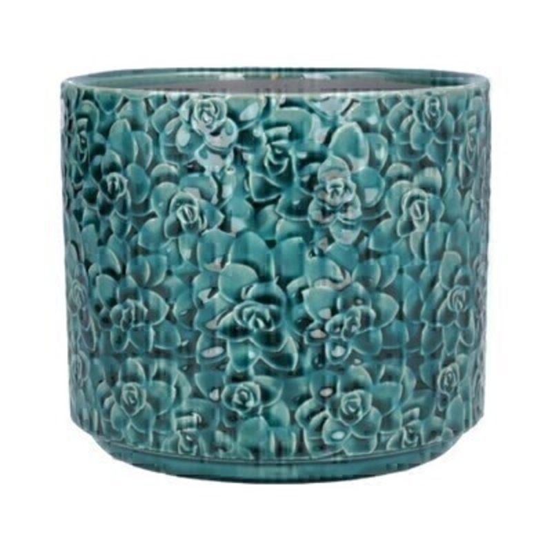 Medium Teal ceramic pot cover with Succulent design by the designer Gisela Graham who designs really beautiful gifts for your home and garden. Suitable for an artifical or real plant. Great to show off your plants and would make an ideal gift for a gardener or someone who likes plants. Also comes available in other sizes. This is the Medium pot cover.